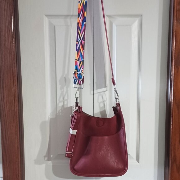 Burgandy Leather Crossbody Bag with a Geometric Print Strap, and a Leather strap - Picture 1 of 13